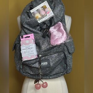 Victoria’s Secret Pink! Black Sparkly Backpack with Pink Accessories Bundle
